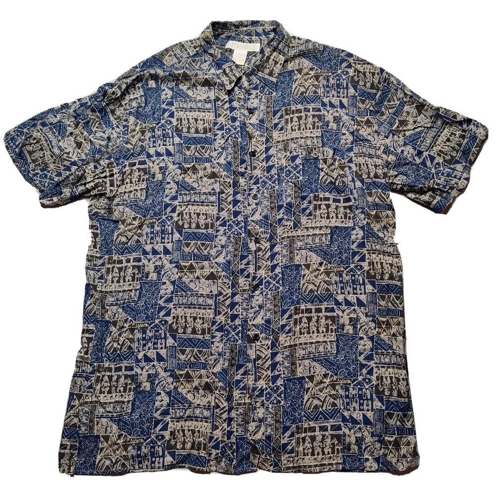 VTG EXPRESSIONS WORLD WIDE Men Large Blue‎ Abstract Art Rayon Button Camp Shirt
